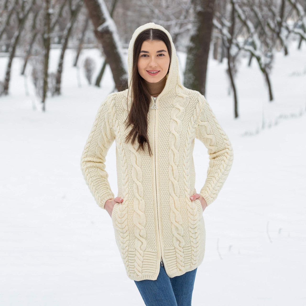 Aran Cable Knit Hooded Zip Coatigan