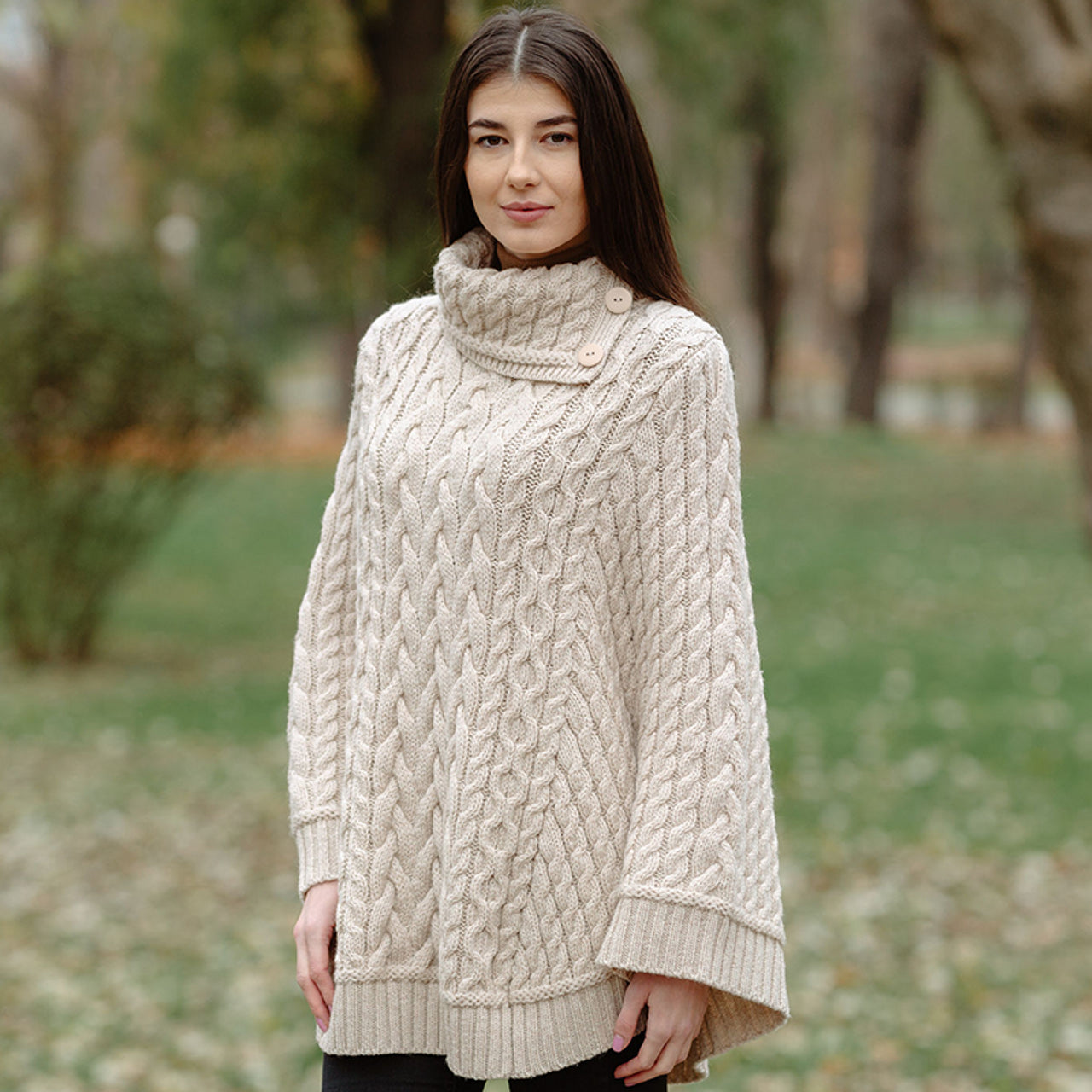 ML169 Cowl Neck Button Poncho