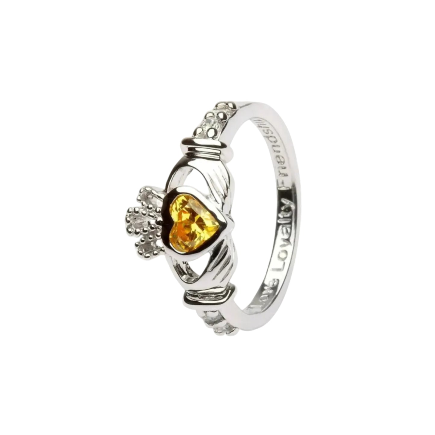 Sterling silver Claddagh ring with a citrine birthstone and intricate detailing on the band.