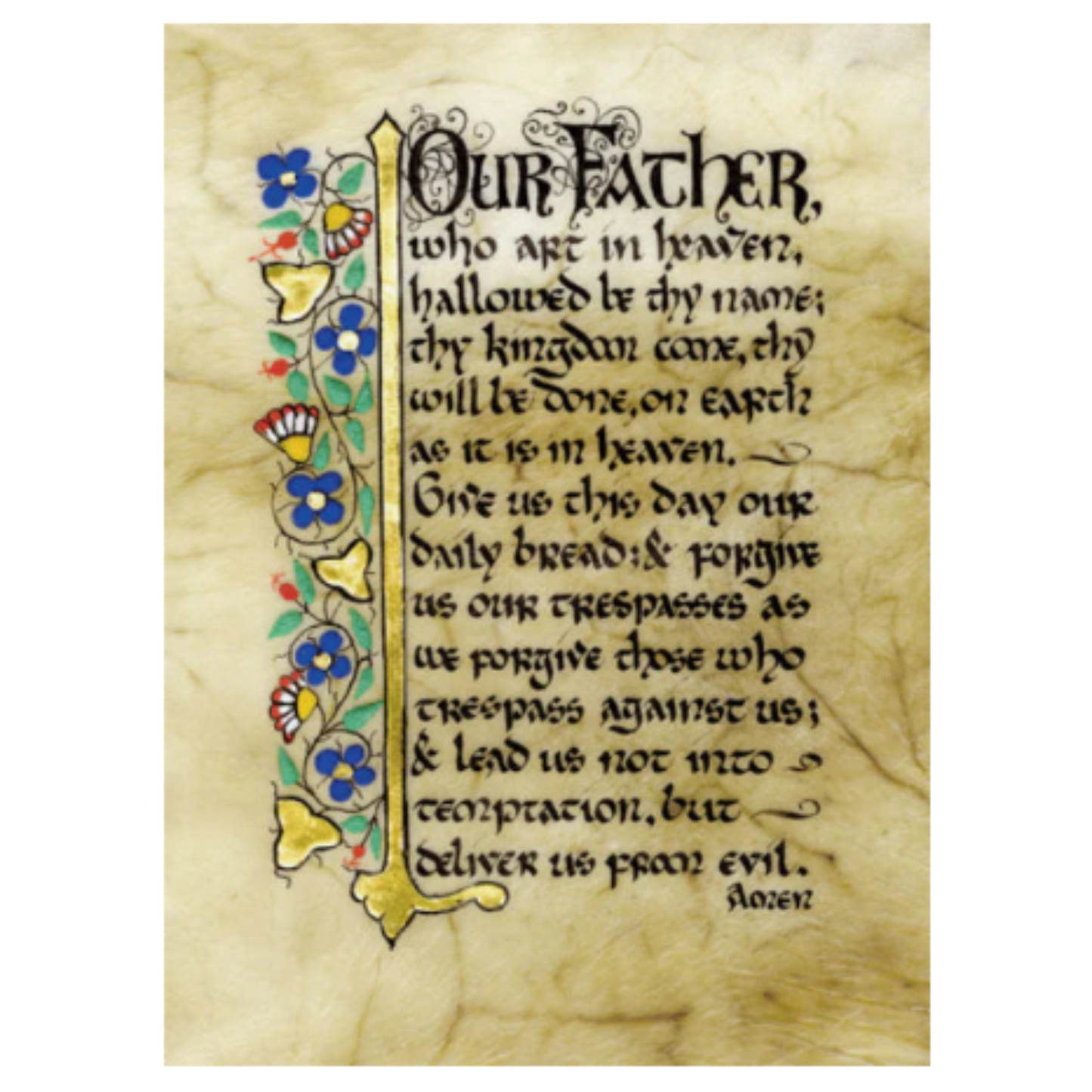 Decorative text of 'Our Father' prayer with floral elements on a textured beige background