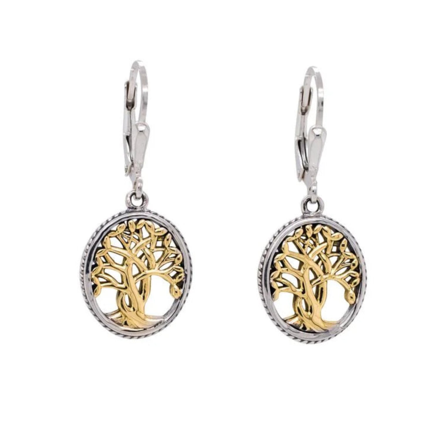 A pair of silver and 10k yellow gold round earrings featuring a Tree of Life design.