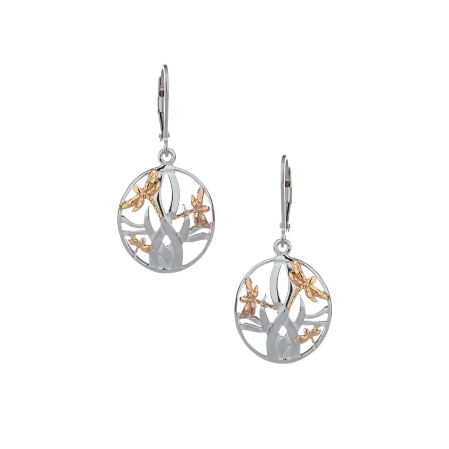 A pair of silver earrings with 10k gold dragonfly accents, designed to dangle from the ear.