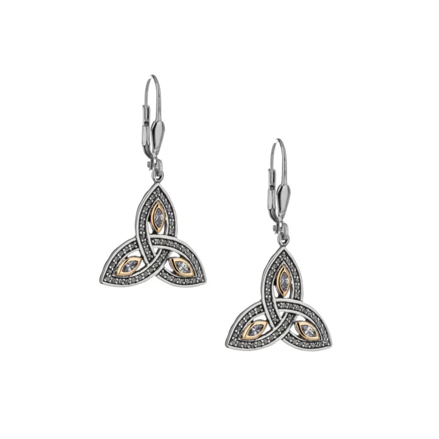 A pair of silver and gold trinity knot earrings with cubic zirconia accents.