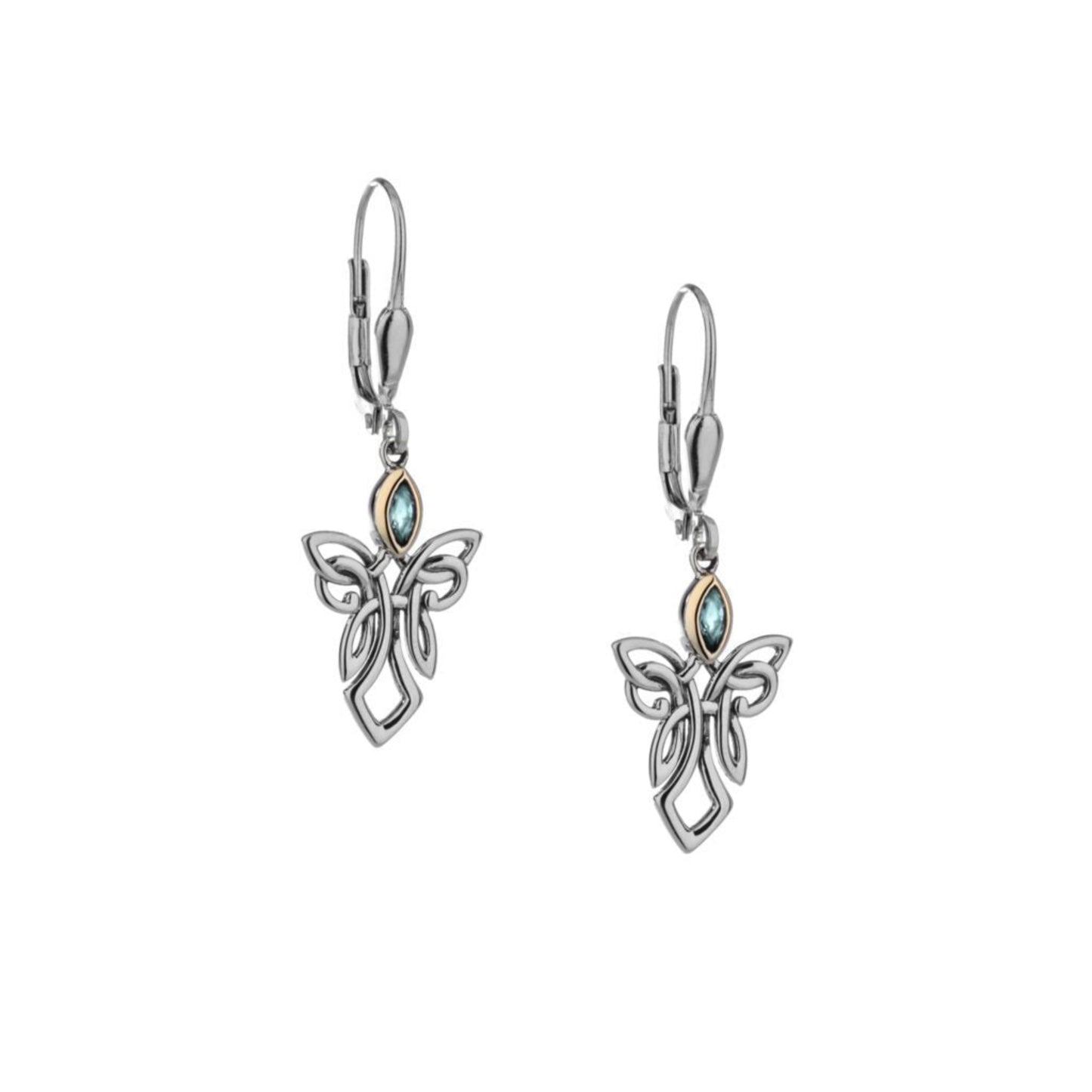 A pair of silver and 10k gold earrings in the shape of a guardian angel with topaz stones.