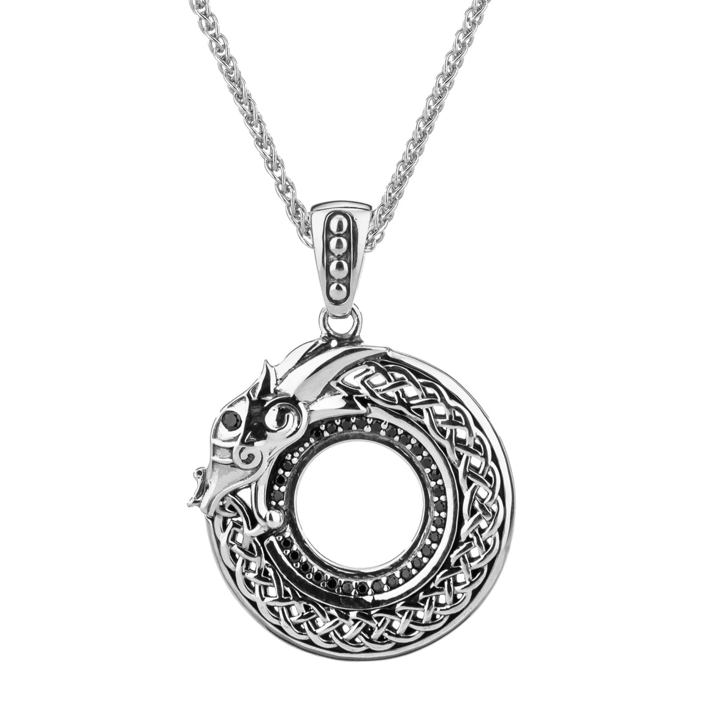 A silver round dragon pendant with black cubic zirconia, attached to a medium Spiga 22-inch style chain.