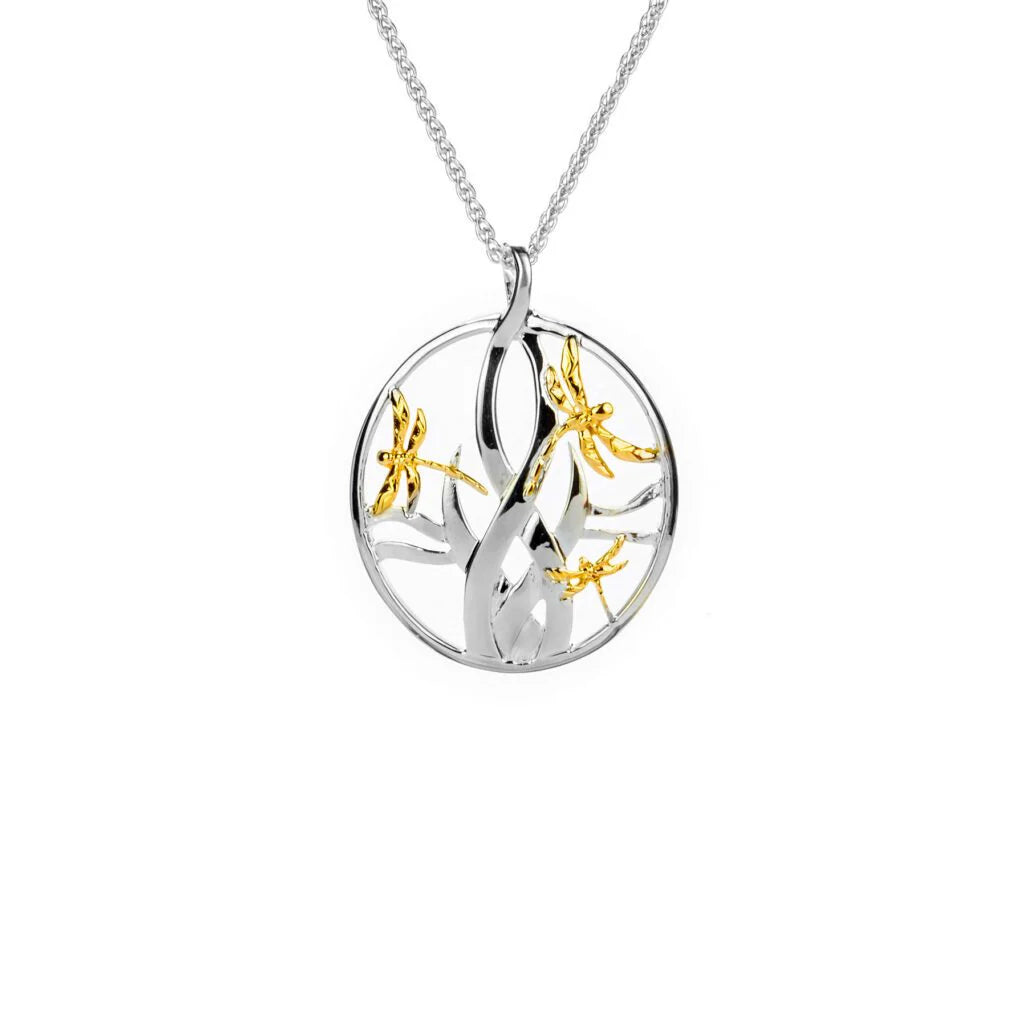 Silver and 10k Gold Dragonfly in Reeds Pendant Small