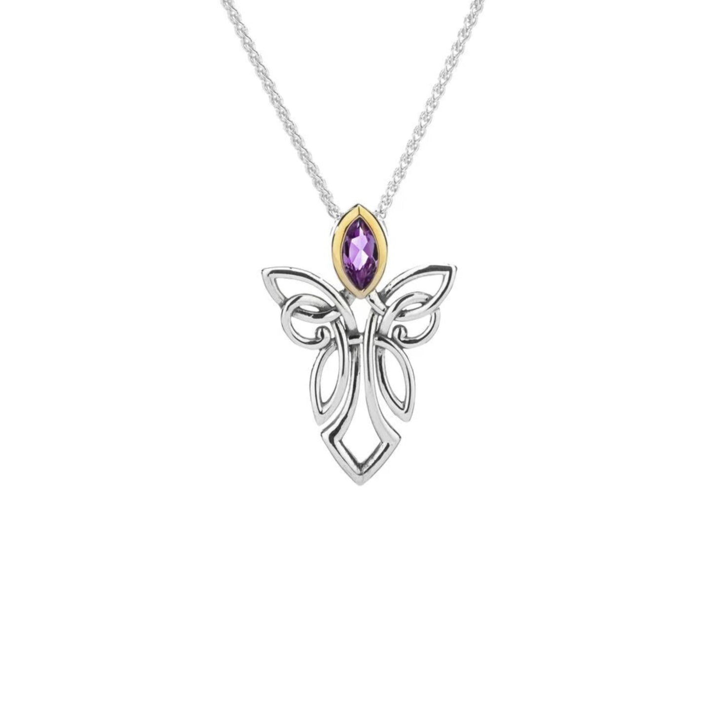 Silver angel pendant necklace with a purple gem on a white background