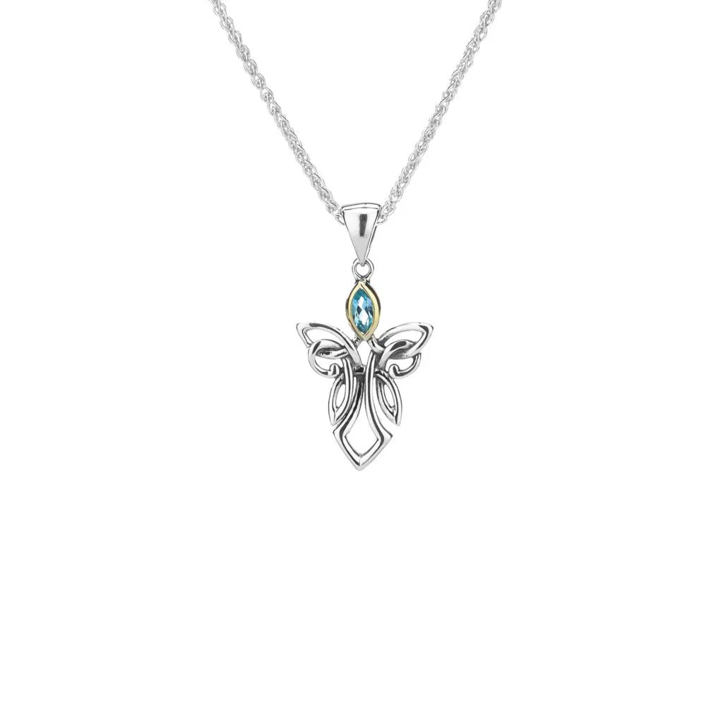 Silver & 10k Gold Guardian Angel Pendant - Small - Blue Topaz Cubic Zirconia