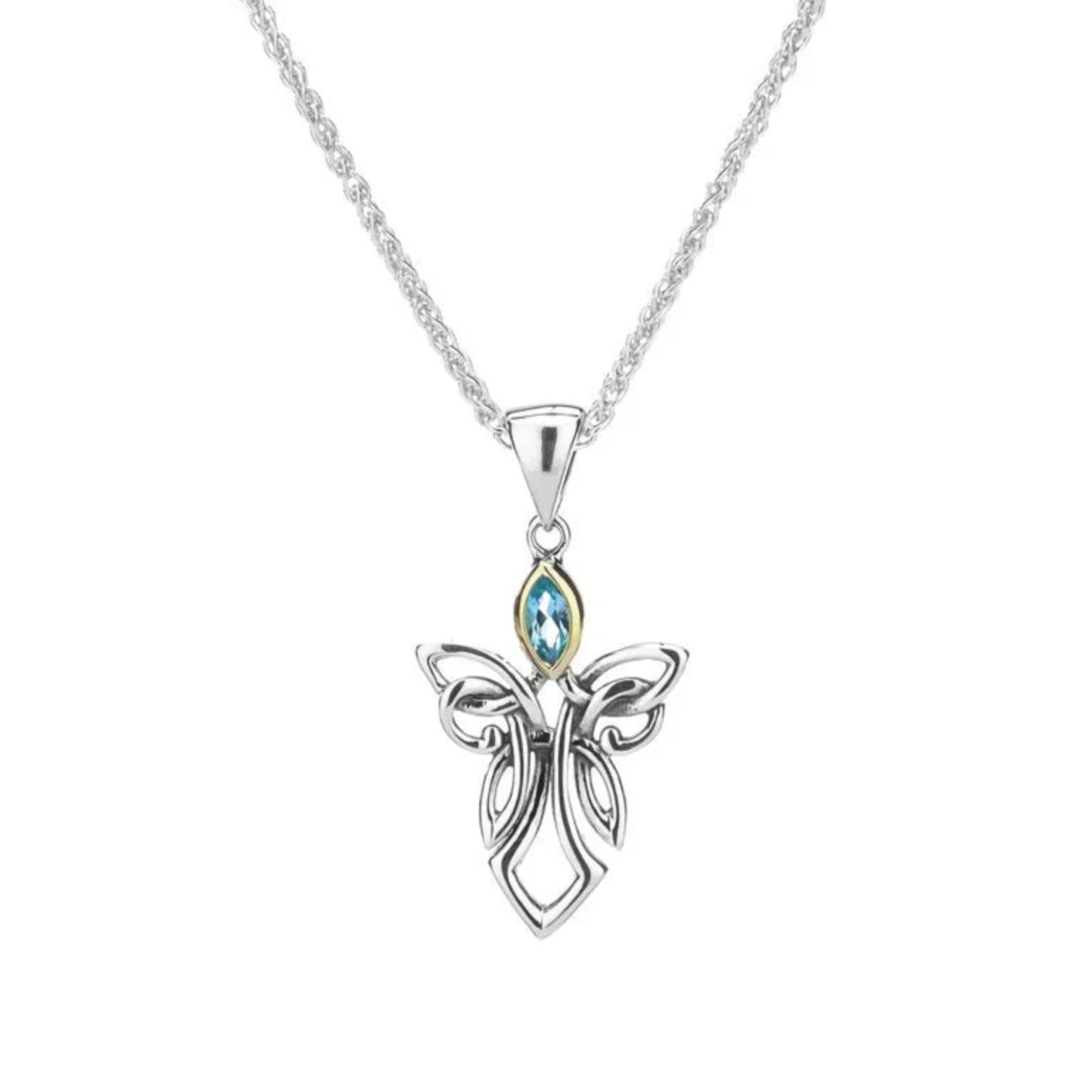 A silver and 10k gold pendant in the shape of a guardian angel with a blue topaz cubic zirconia included, attached to a chain.