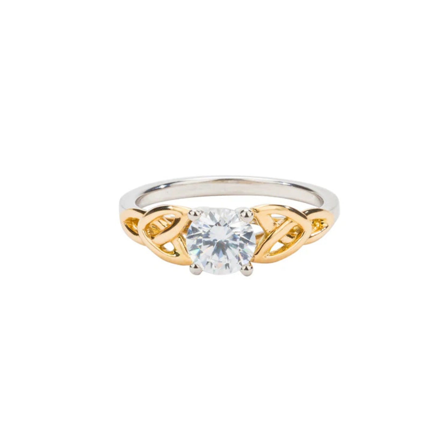 A sterling silver and 10k yellow gold ring with a trinity knot design and a central moissanite gemstone.