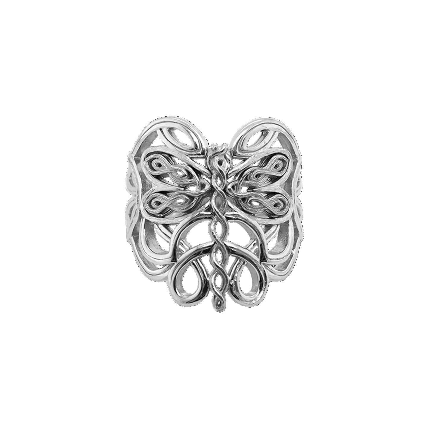 A sterling silver ring with a dragonfly design.