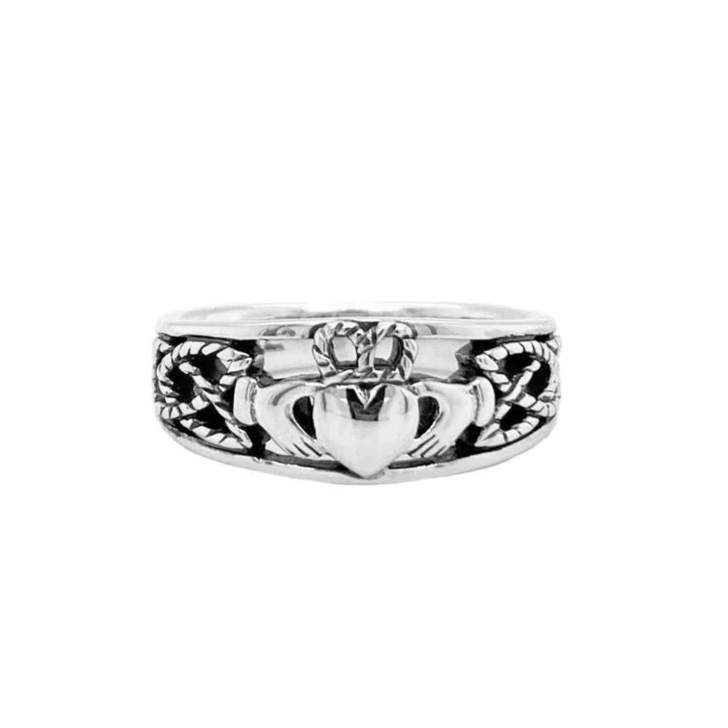A silver claddagh ring with a heart, hands, and a crown design, indicating a symbol of love and loyalty.