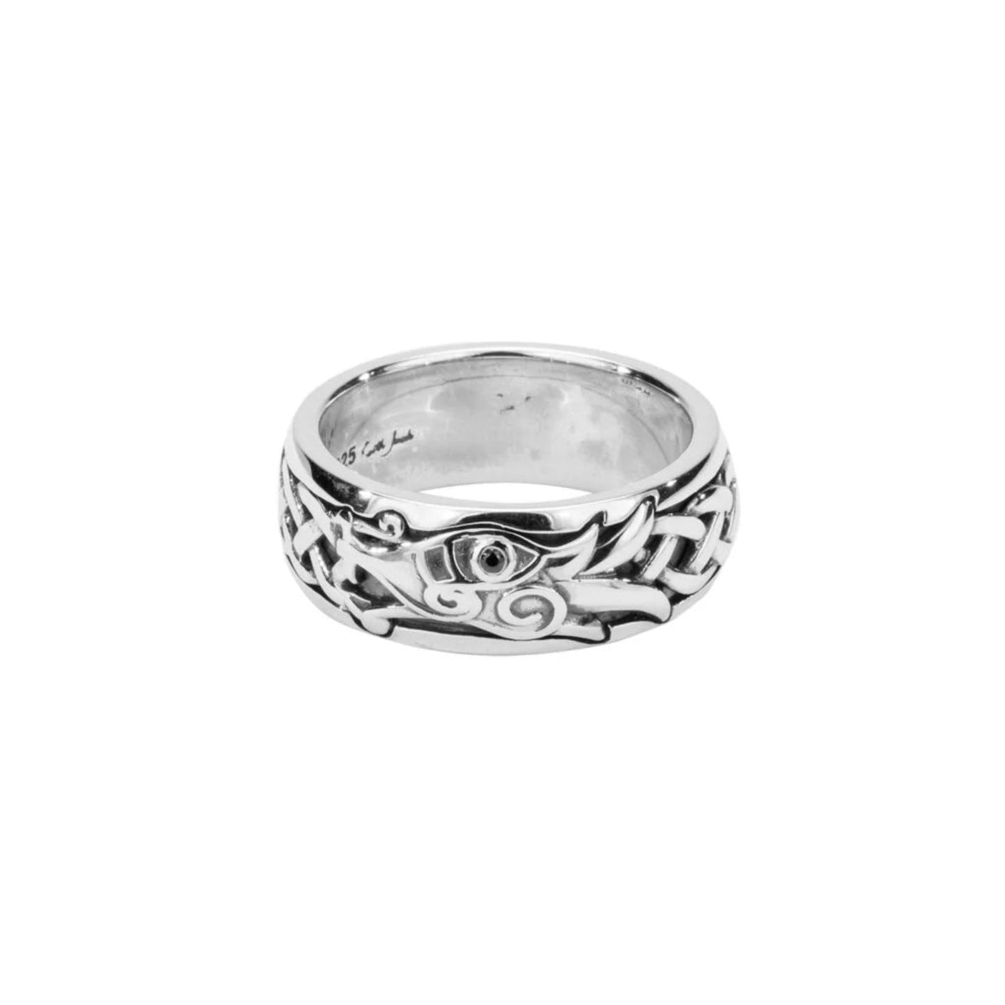 Silver band ring with Celtic weave and dragon