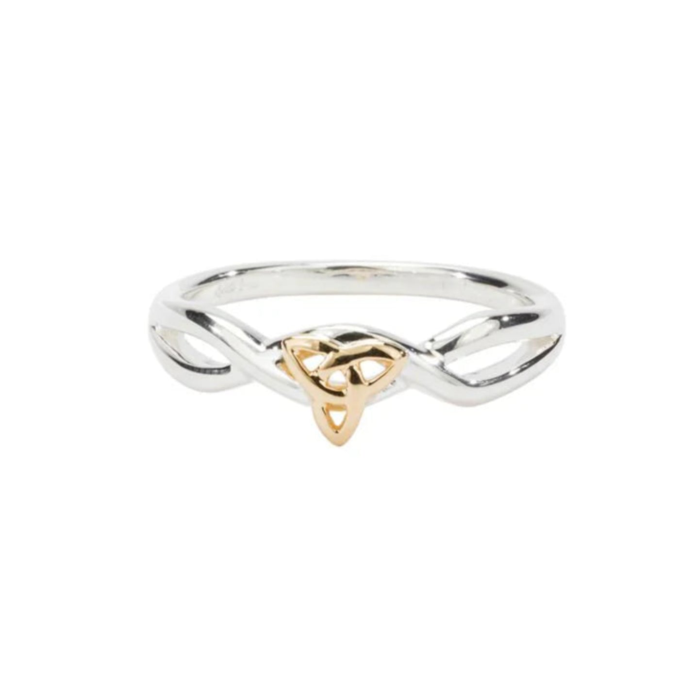 A silver and 10k gold trinity knot ring with a yellow gold knot design on a white background.