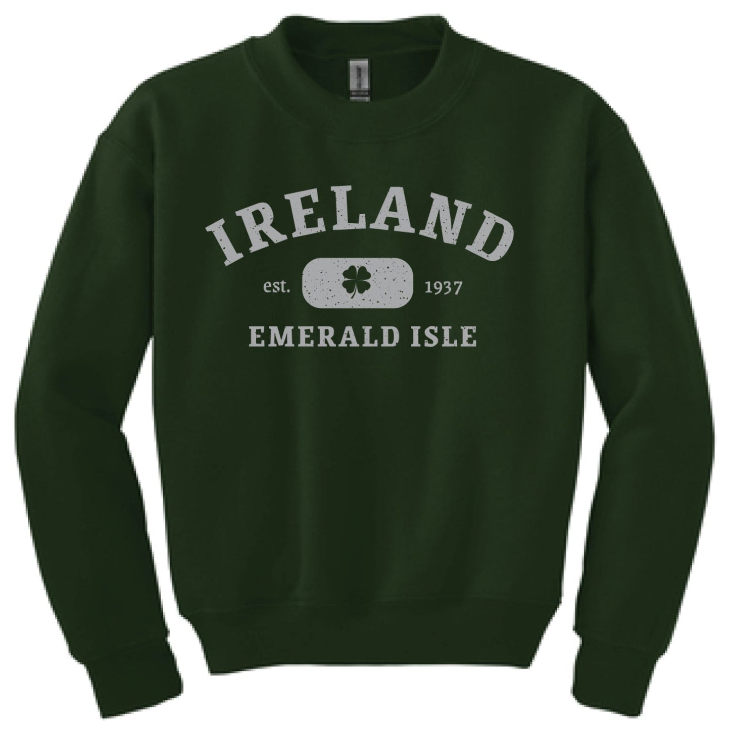 Kids green crewneck sweatshirt with 'IRELAND' and 'Emerald Isle' text on the front.