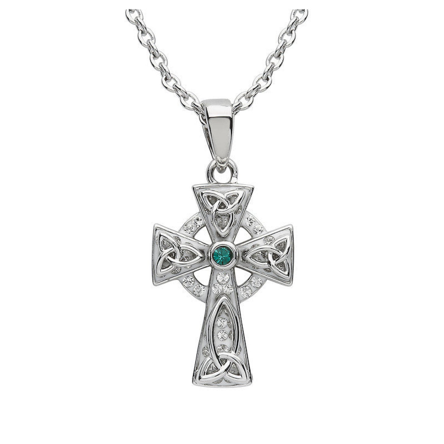Silver cross pendant with emerald and diamonds on a white background