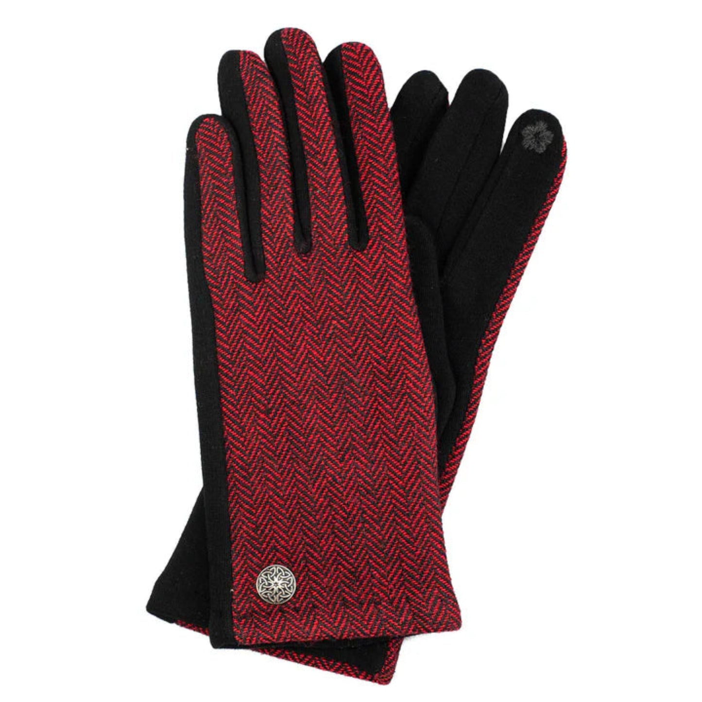 Pair of red and black patterned gloves on a white background