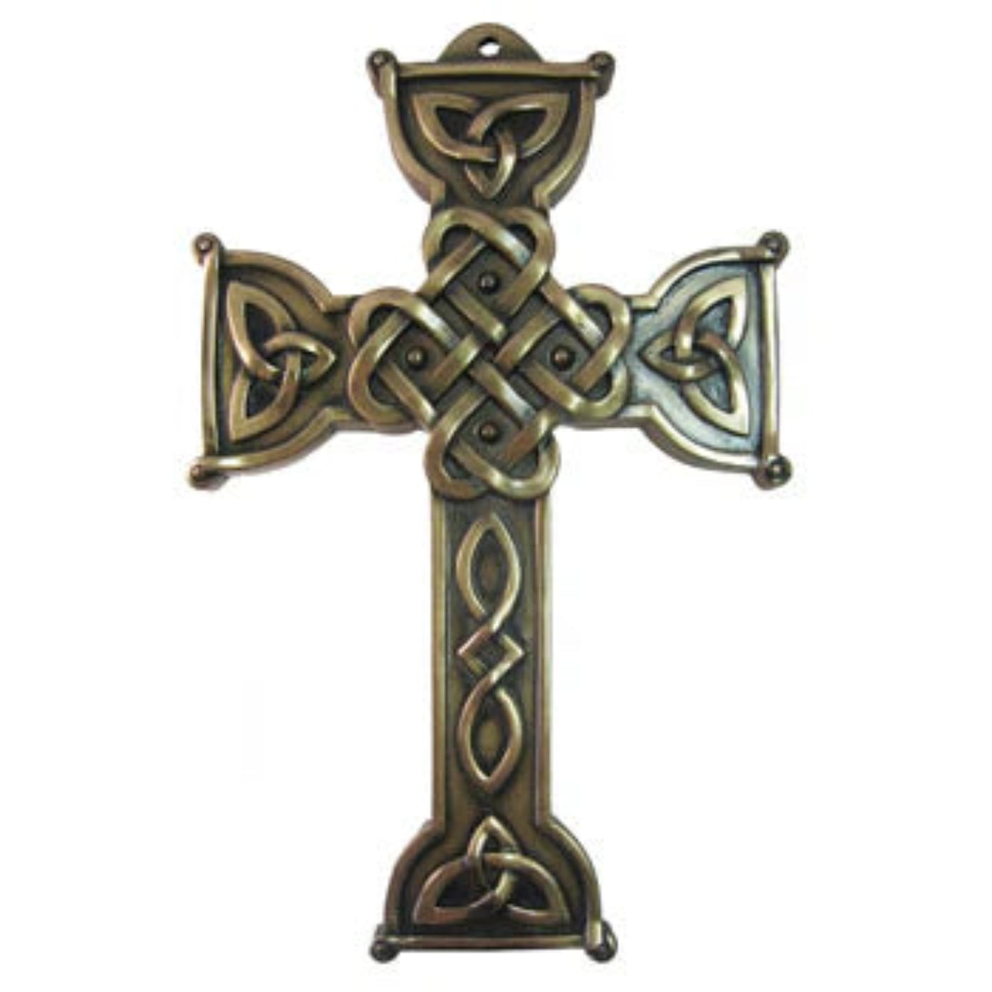 Bronze Celtic cross with trinity knots embossed throughout