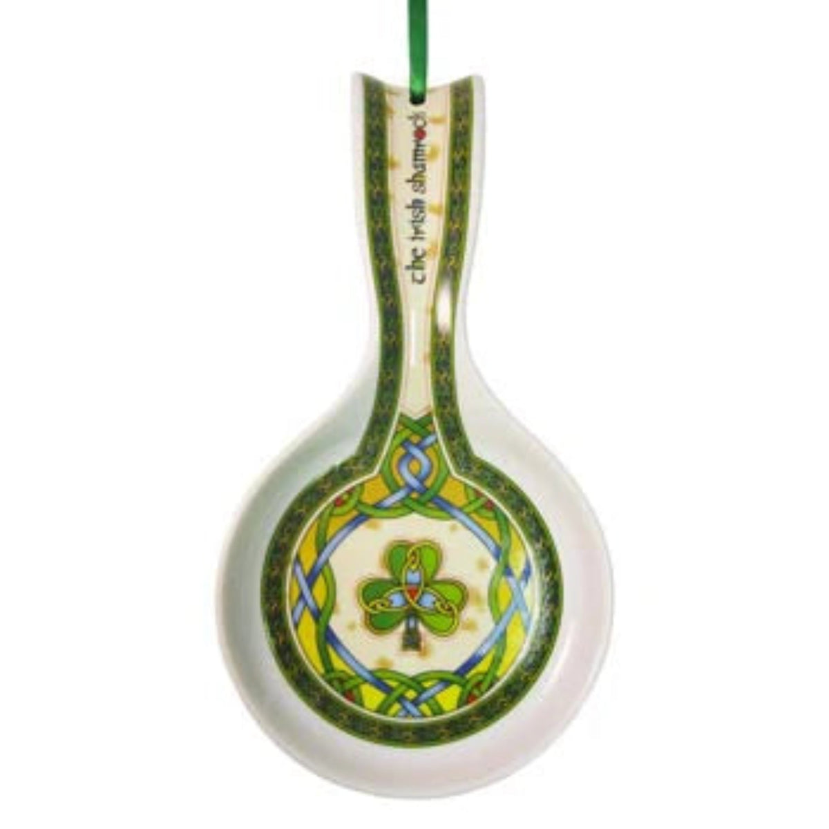 Large spoon rest with green celtic weave design and a central shamrock