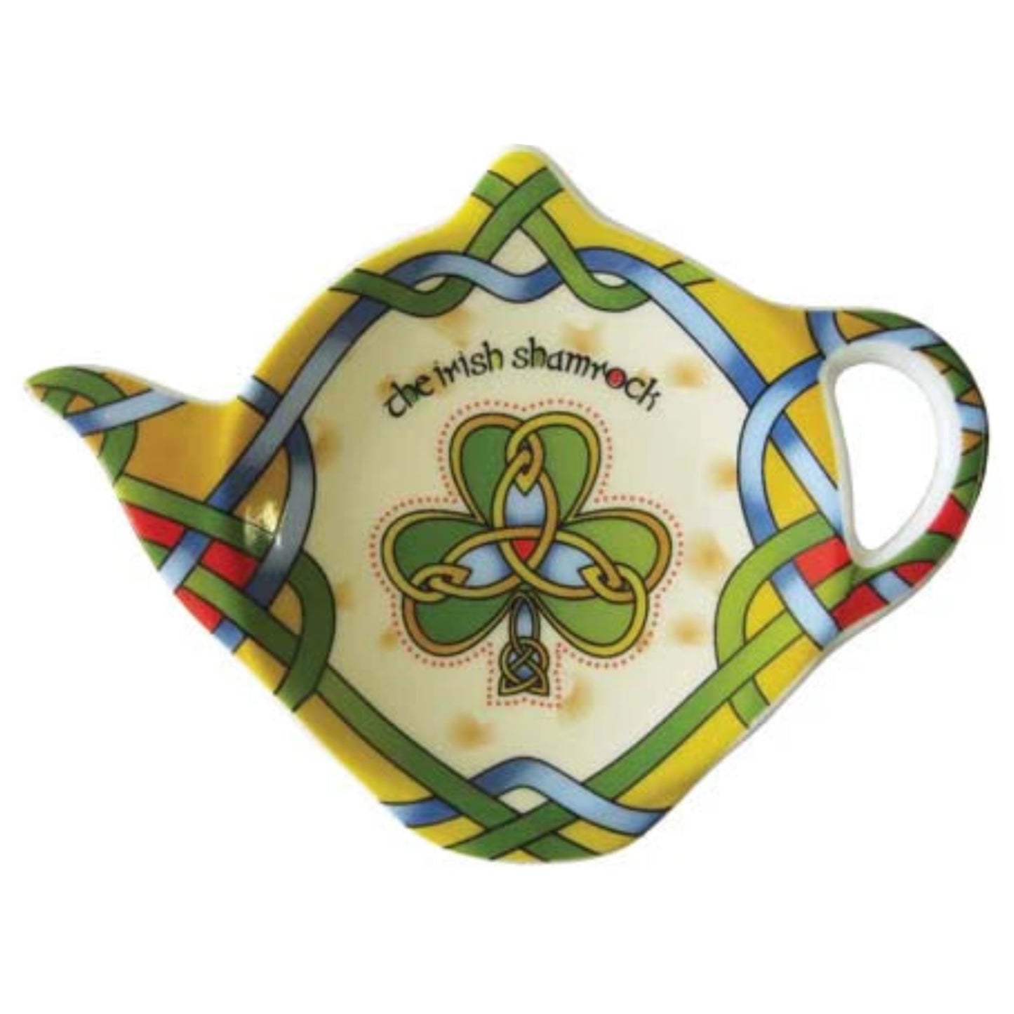 Small decorative teapot-shaped dish with colorful, intricate kntowork design and a green shamrock in the center. Text above that reads "The irish shamrock."