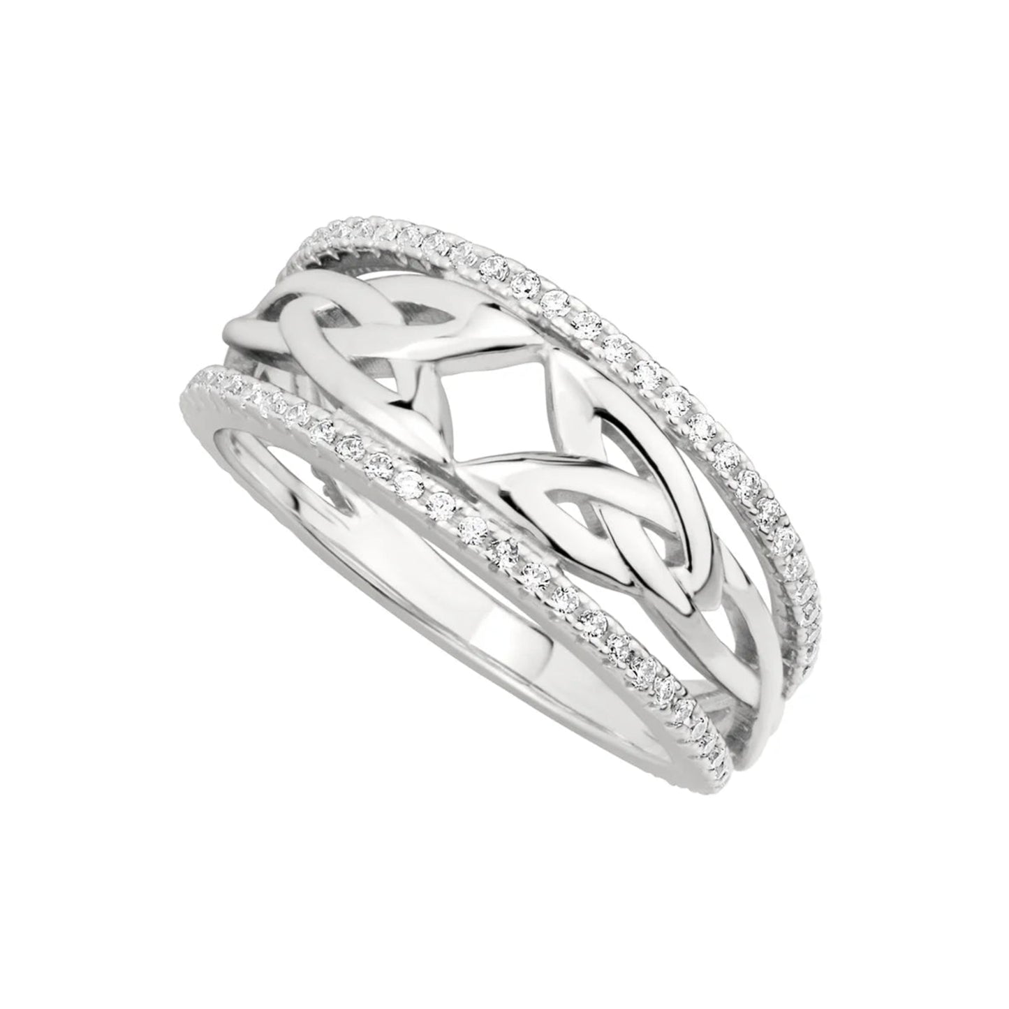 A sterling silver ring featuring the serch bythol, a symbol made by connecting two trinity knots to form a central diamond-shaped gap. The ring is bordered on top and bottom by clear white studded cubic zirconia stones.