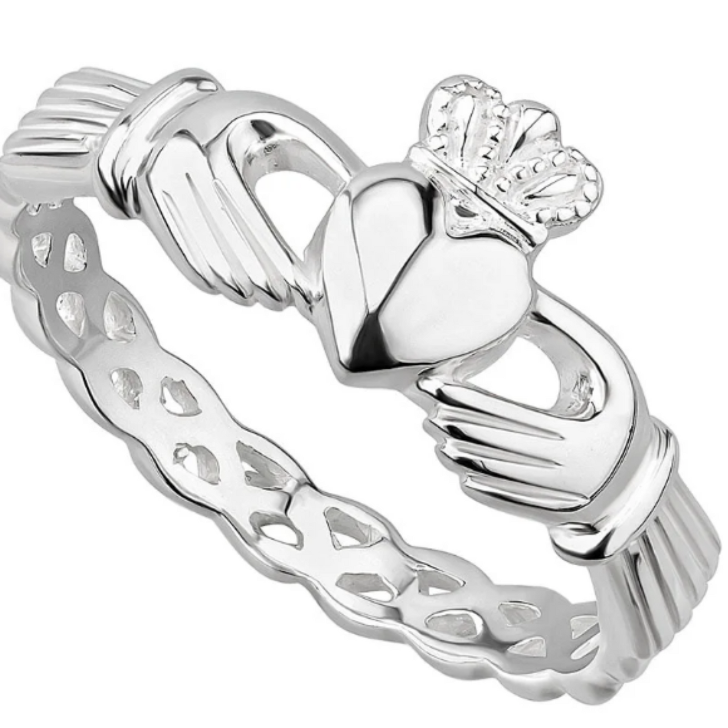 A dainty sterling silver claddagh ring. The band is cut in a Celtic weave design.