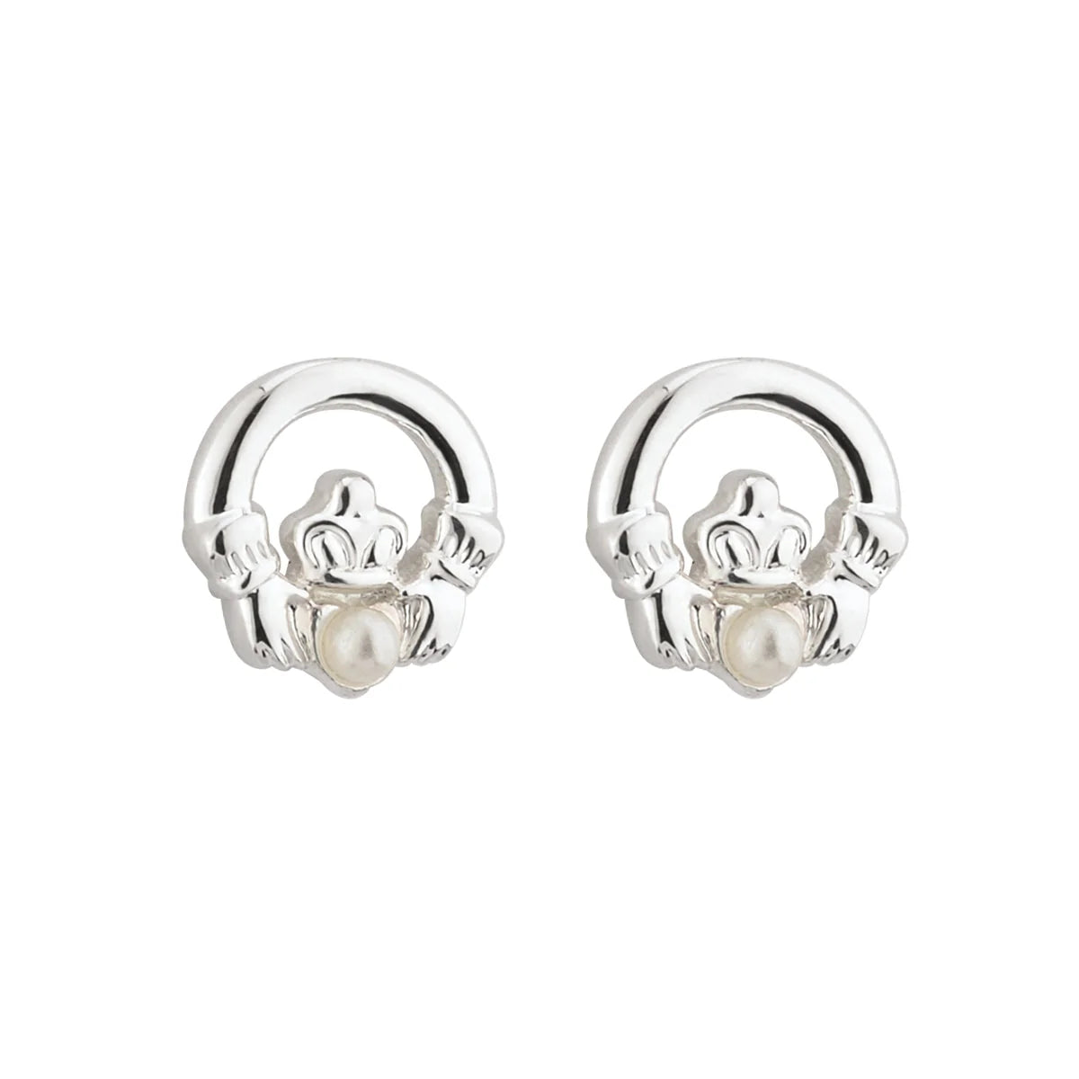 Children's Rhodium Plated Pearl Claddagh Earrings