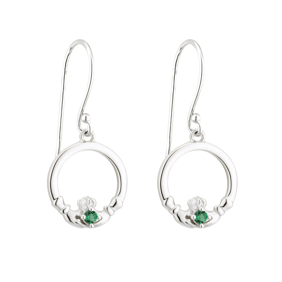 Silver Acara Green Crystal Claddagh Drop Earrings