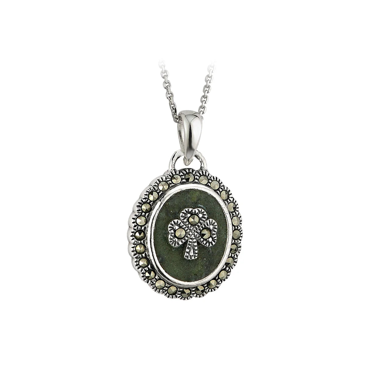 Connemara Marble & Marcasite Oval Shamrock Pendant
