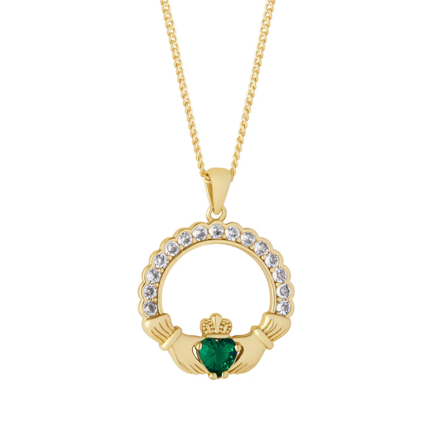 Gold Plated Green Crystal Claddagh Pendant