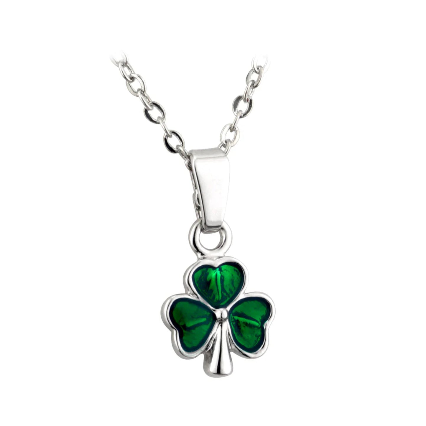 Green shamrock pendant on a silver chain against a white background