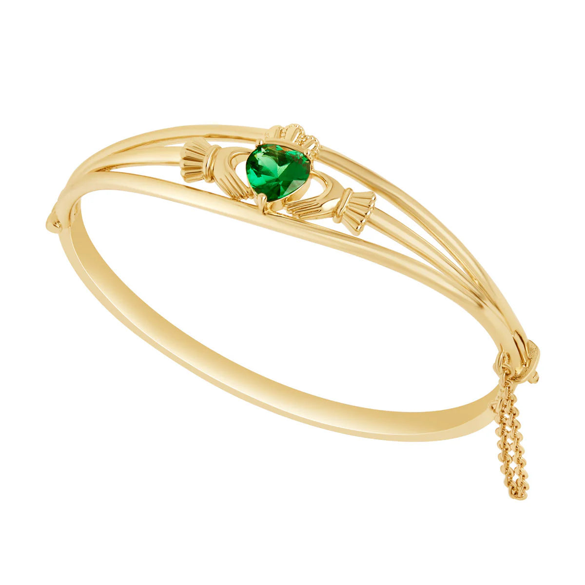 Gold Plated Green Crystal Heart Claddagh Bangle