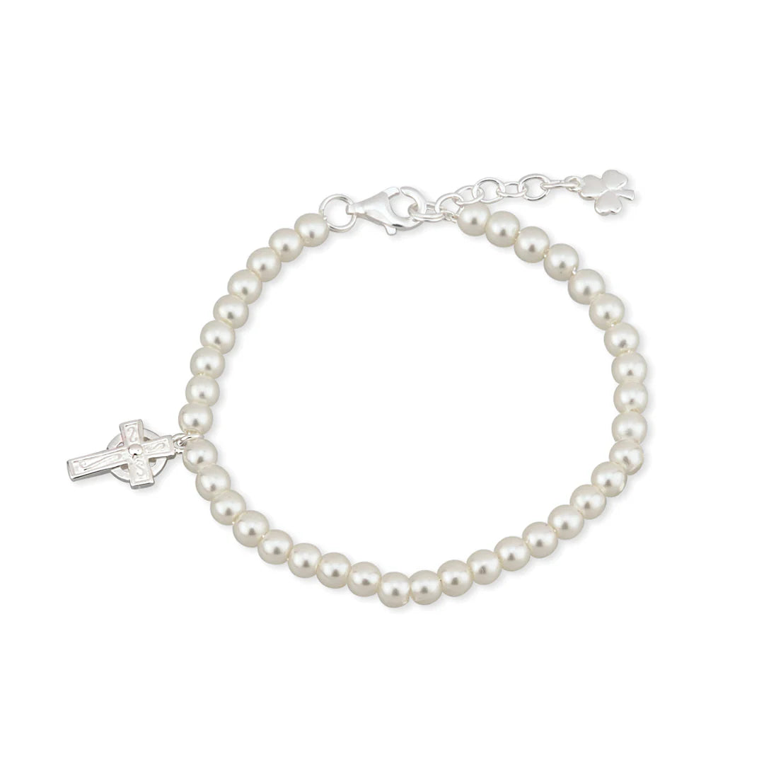 Children's Rhodium Plated Celtic Cross Pearl Bracelet