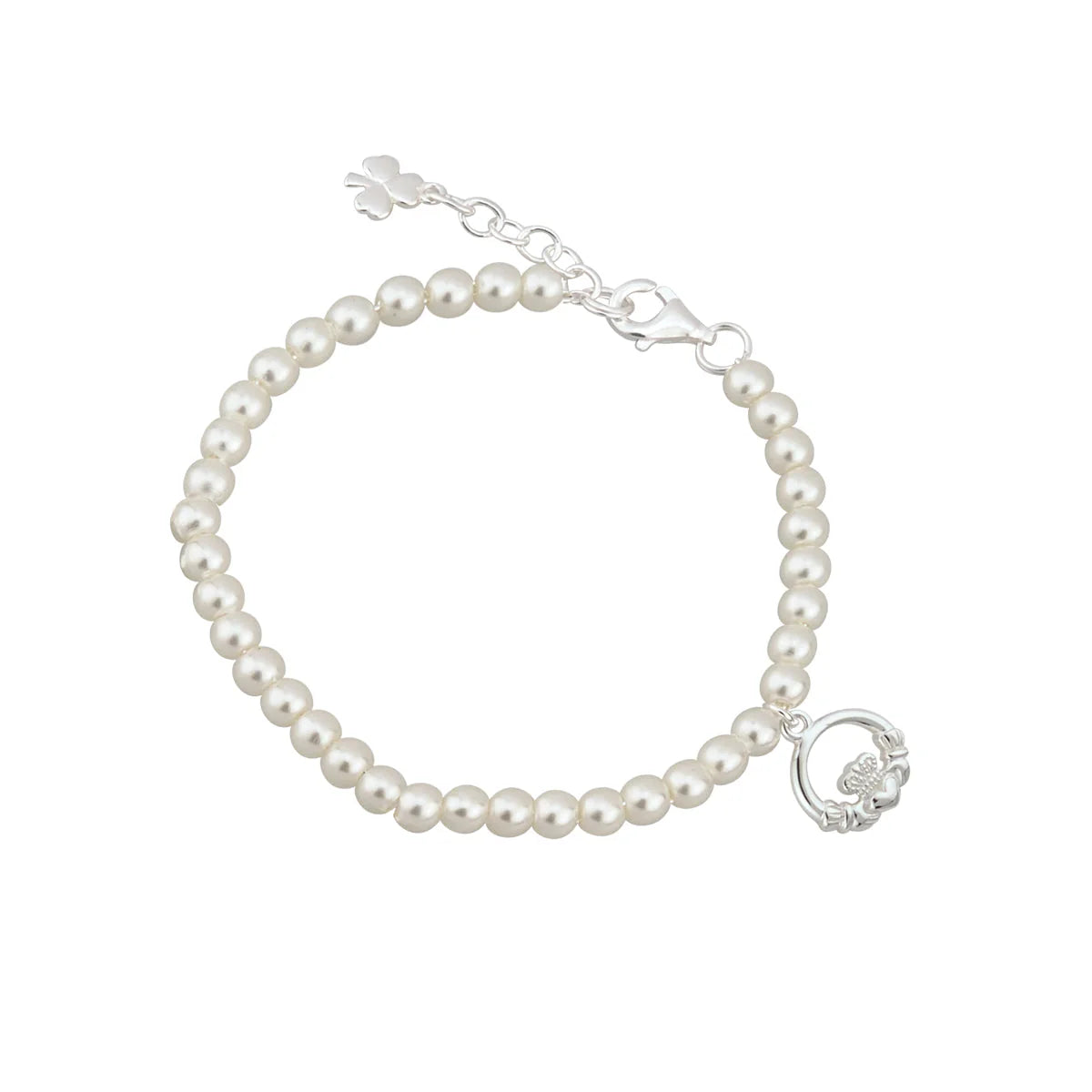 Children's Rhodium Plated Pearl Claddagh Bracelet