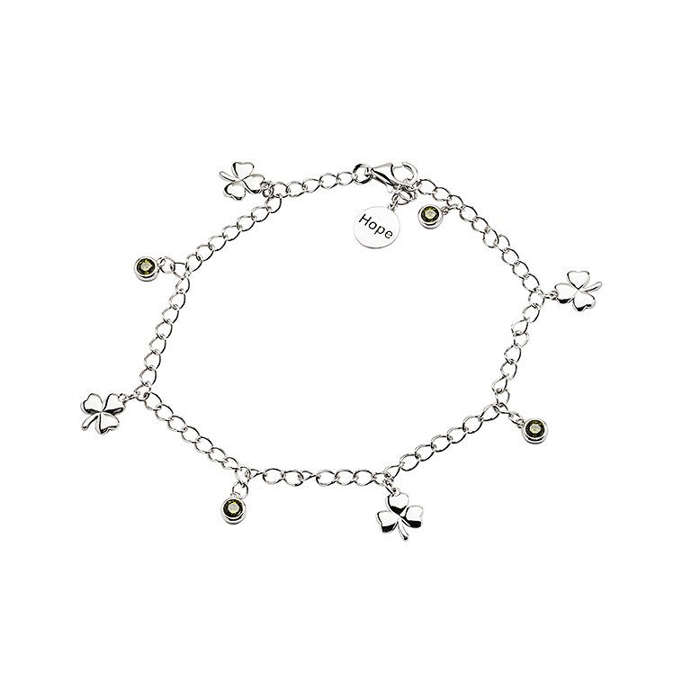 Sterling Silver Irish Shamrock Bracelet with Green Peridot Cubic Zirconia Charms
