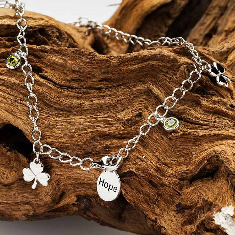 Sterling Silver Irish Shamrock Bracelet with Green Peridot Cubic Zirconia Charms