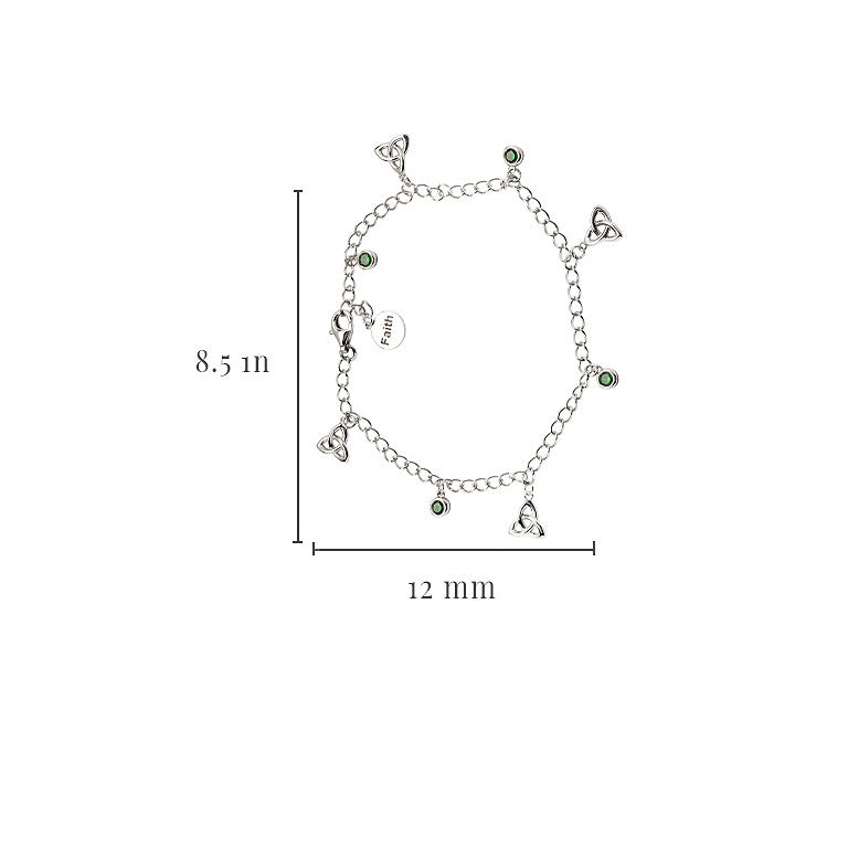 Sterling Silver Celtic Trinity Knot Bracelet with Emerald Green Cubic Zirconia Charms