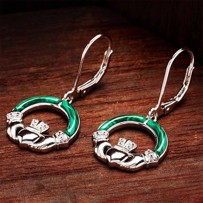 Sterling Silver Claddagh Drop with Malachite Earrings