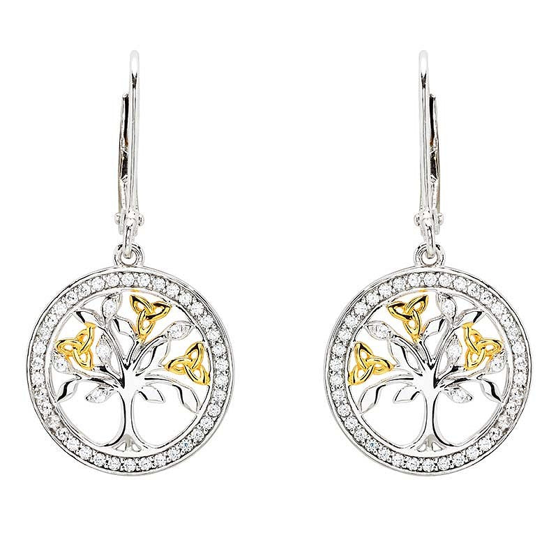 SE2449- Sterling Silver White Cubic Zirconia Gold Plated Tree of Life Earrings