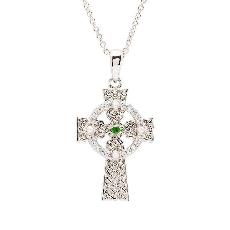 Sterling Silver Green Cubic Zirconia Celtic Cross