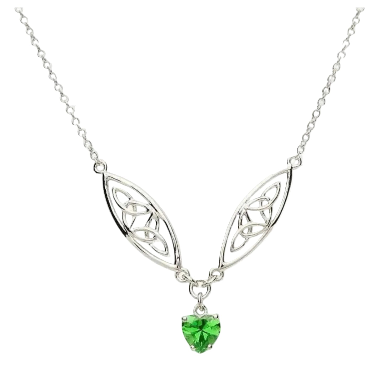 A sterling silver pendant with a heart-shaped green cubic zirconia stone, featuring a Celtic knot design.