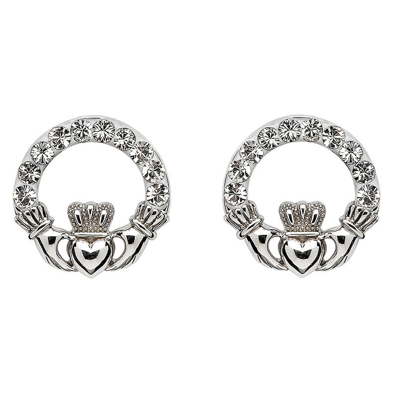 Claddagh Post Earrings with Crystals, Sterling Silver
