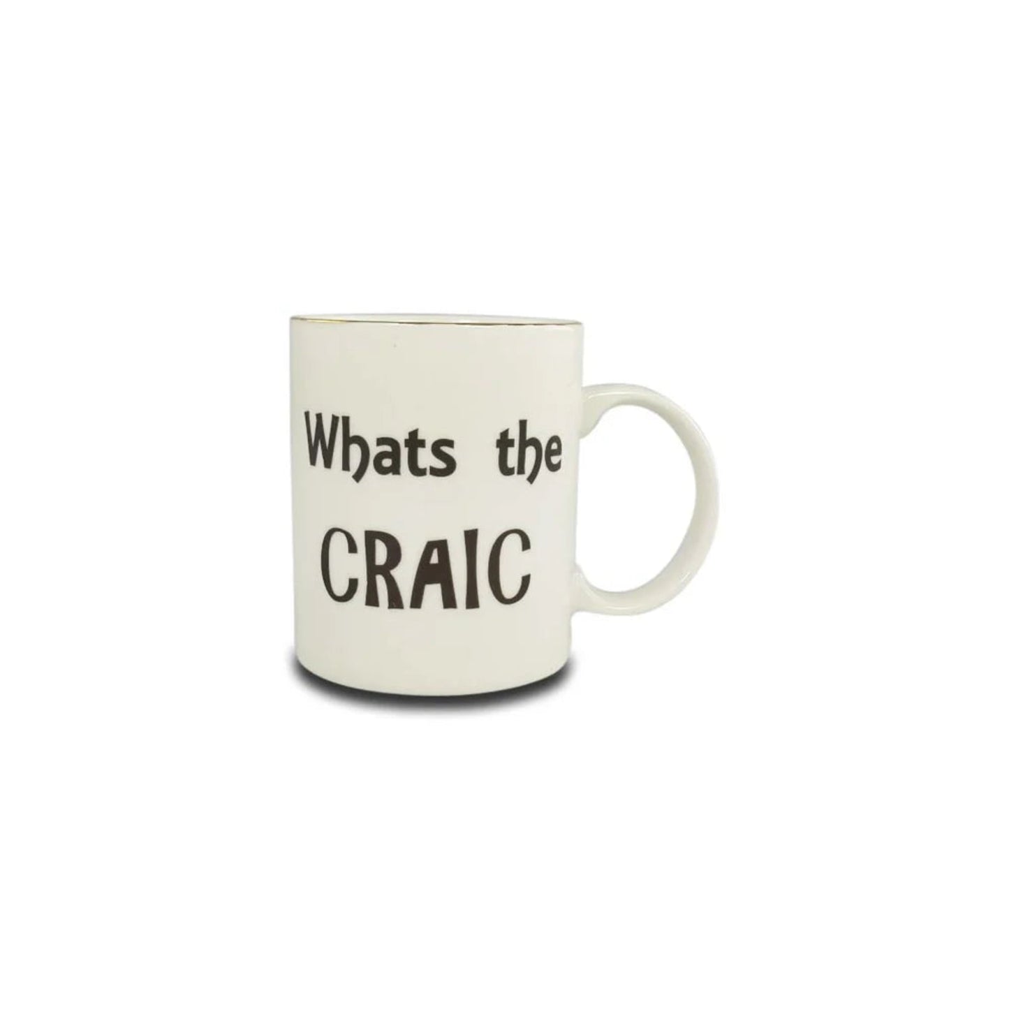 White mug that says "what's the craic" in black text.