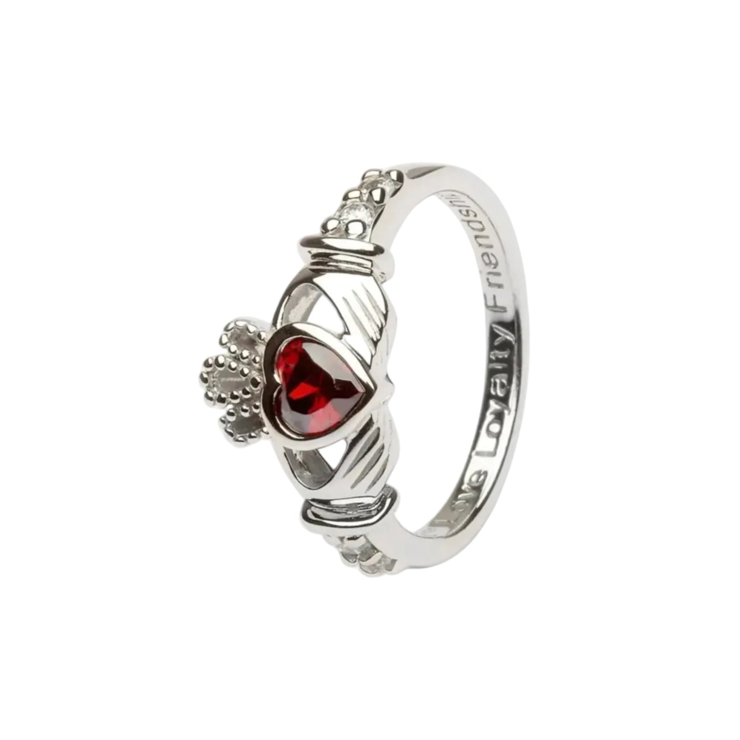 A sterling silver claddagh ring with a red heart-shaped gem in the center.