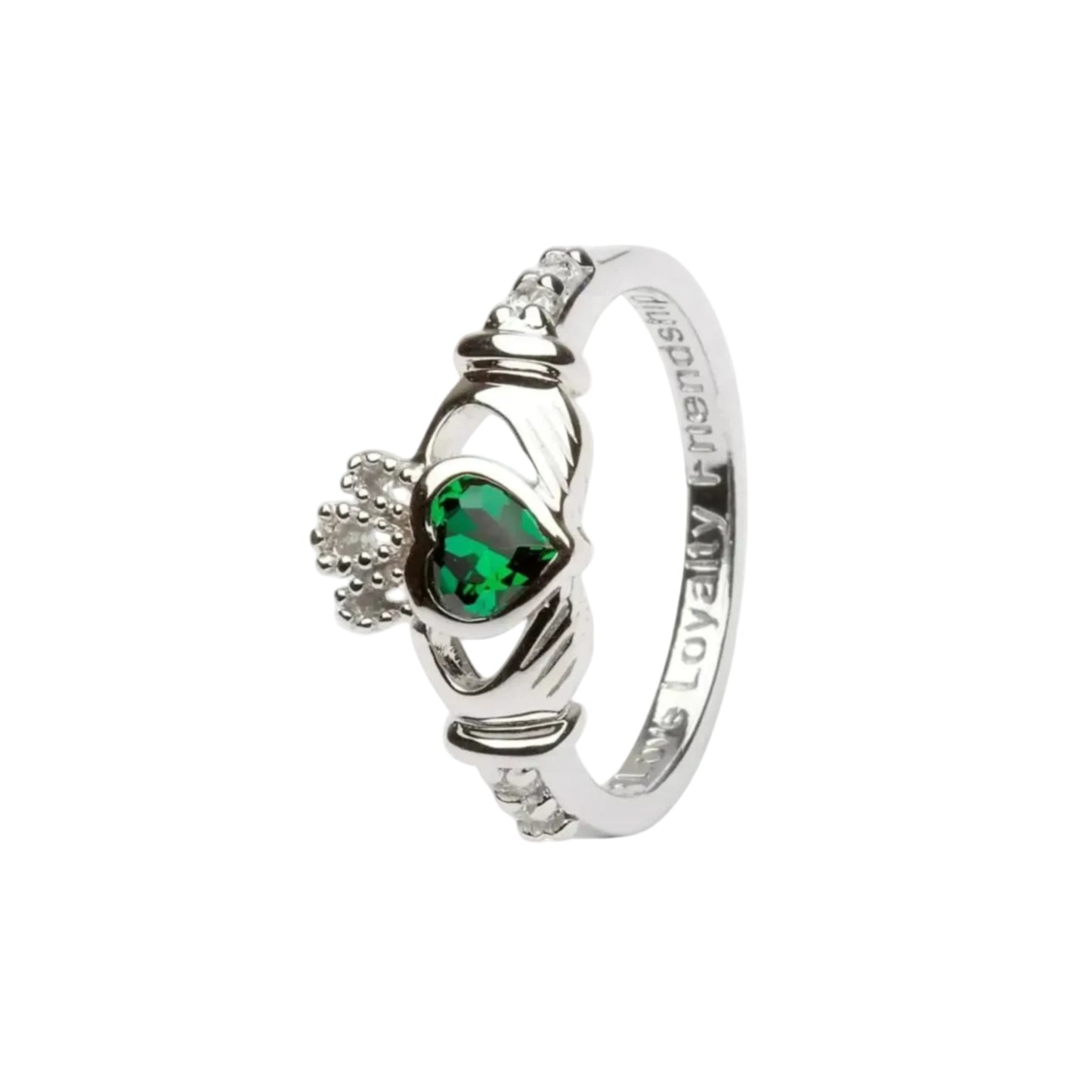 A sterling silver claddagh ring with a green heart-shaped gem in the center.