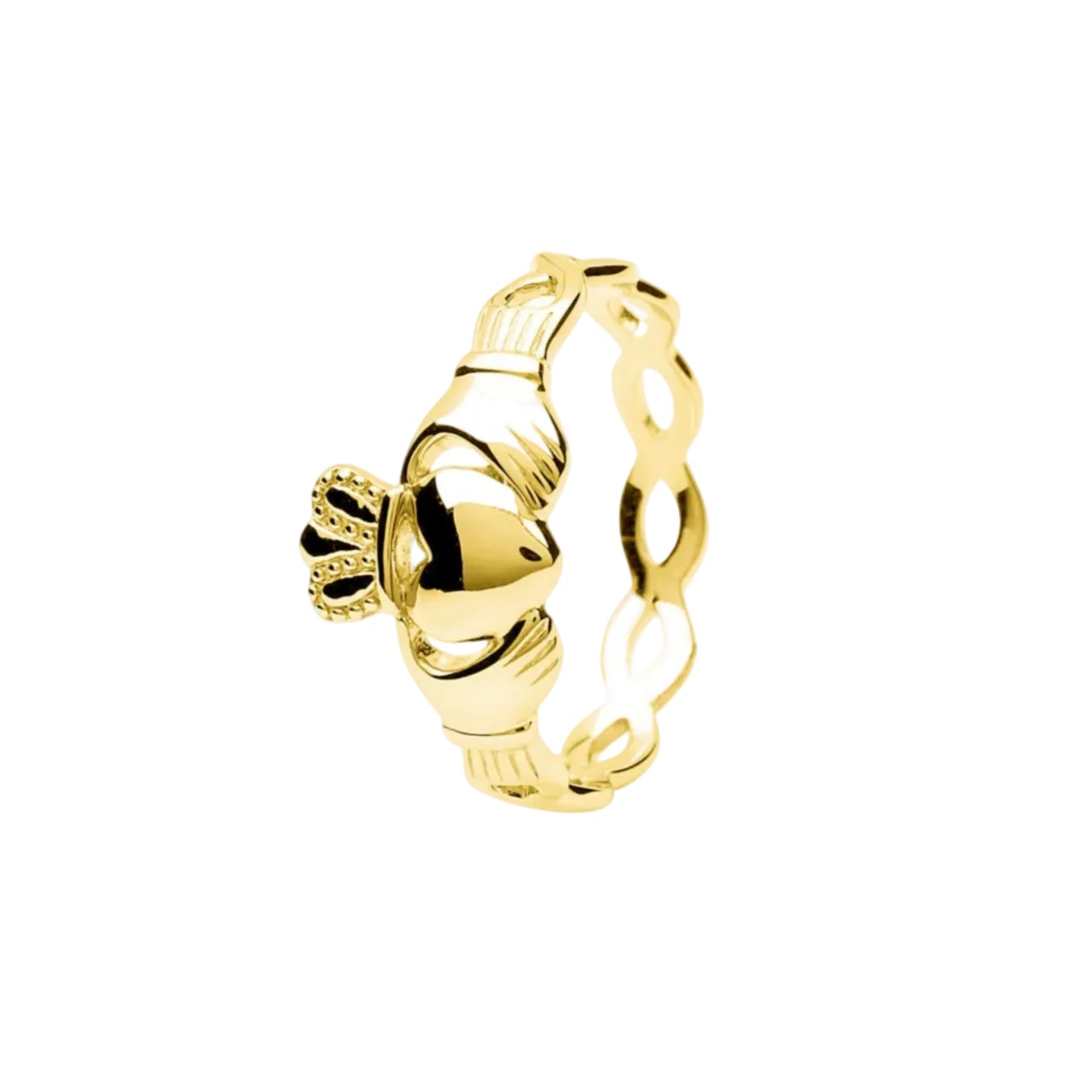 A 14kt gold vermeil Claddagh ring with a double spiral band and a centered crowned heart symbol
