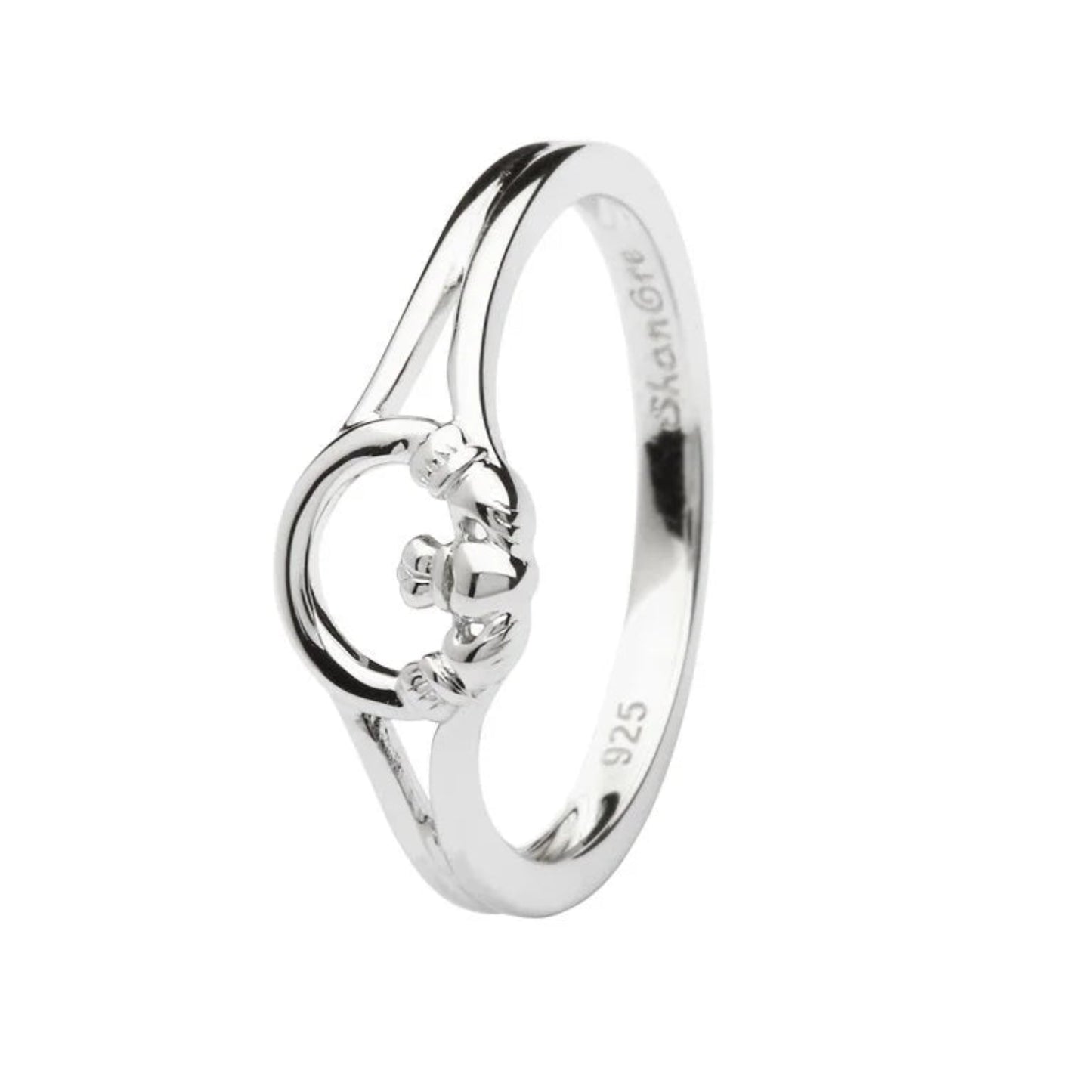A thin sterling silver wishbone band with a rounded claddagh emblem in the center.