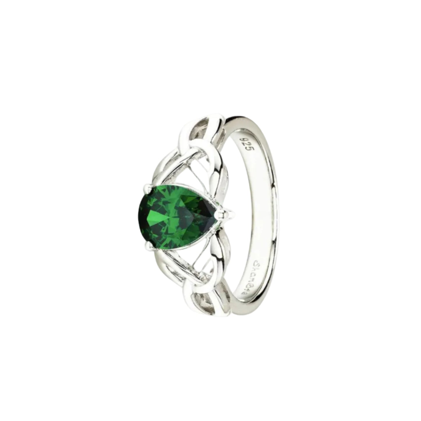 Sterling silver ring with trinity knot designs and a teardrop-shaped green stone in the center.