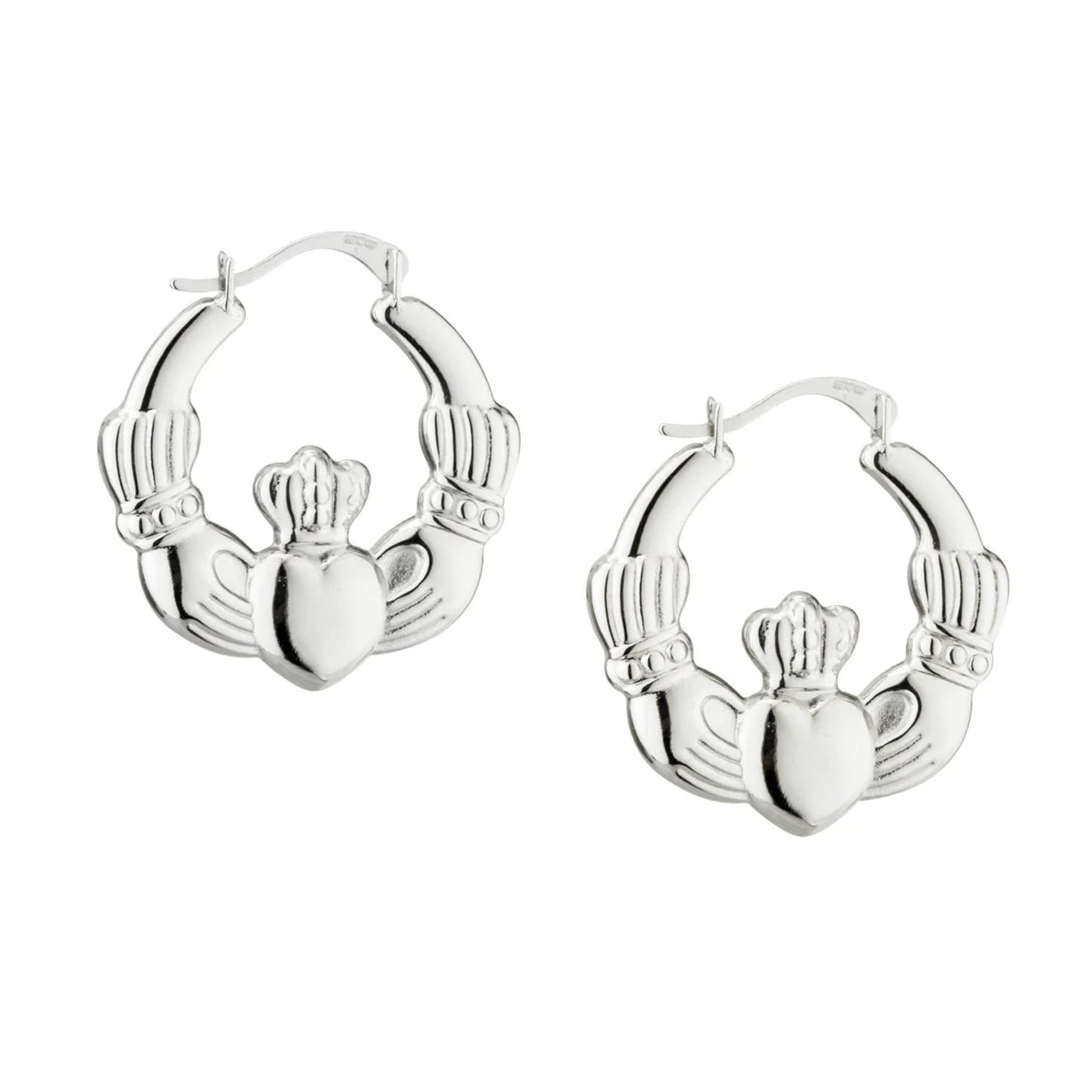 A pair of silver Creole earrings with a Claddagh design.