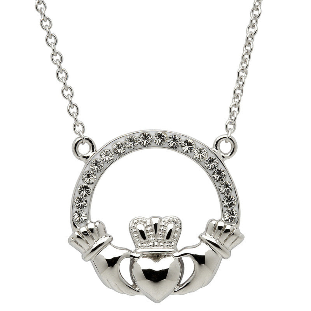 Silver Claddagh necklace with clear stones on a white background